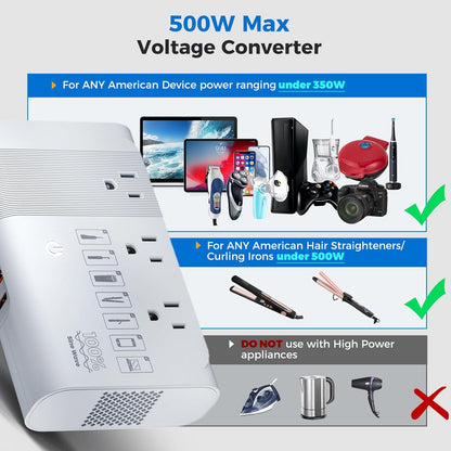 [Game-Changer] DOACE 500W Max 220V to 110V Converter, 50Hz to 60Hz Voltage Converter for European Travel, 100% Pure Sine Wave Power Converter US to Europe for CPAP Hair Straightener Laptop Cell Phone