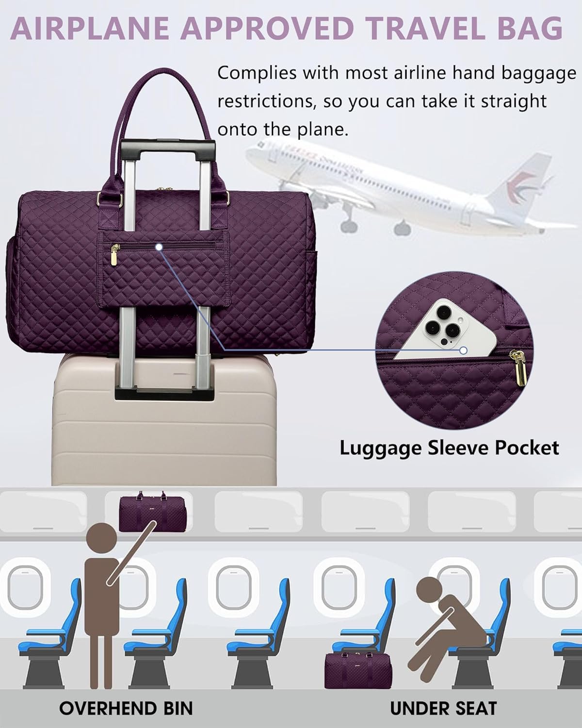 Weekender Travel Duffle Bag for Women - Carry on Bag with Shoe Compartment Overnight Bags with Toiletry Bag Wet Pocket Weekend Traveling Yoga Gym Hospital Bags for Labor and Delivery Purple