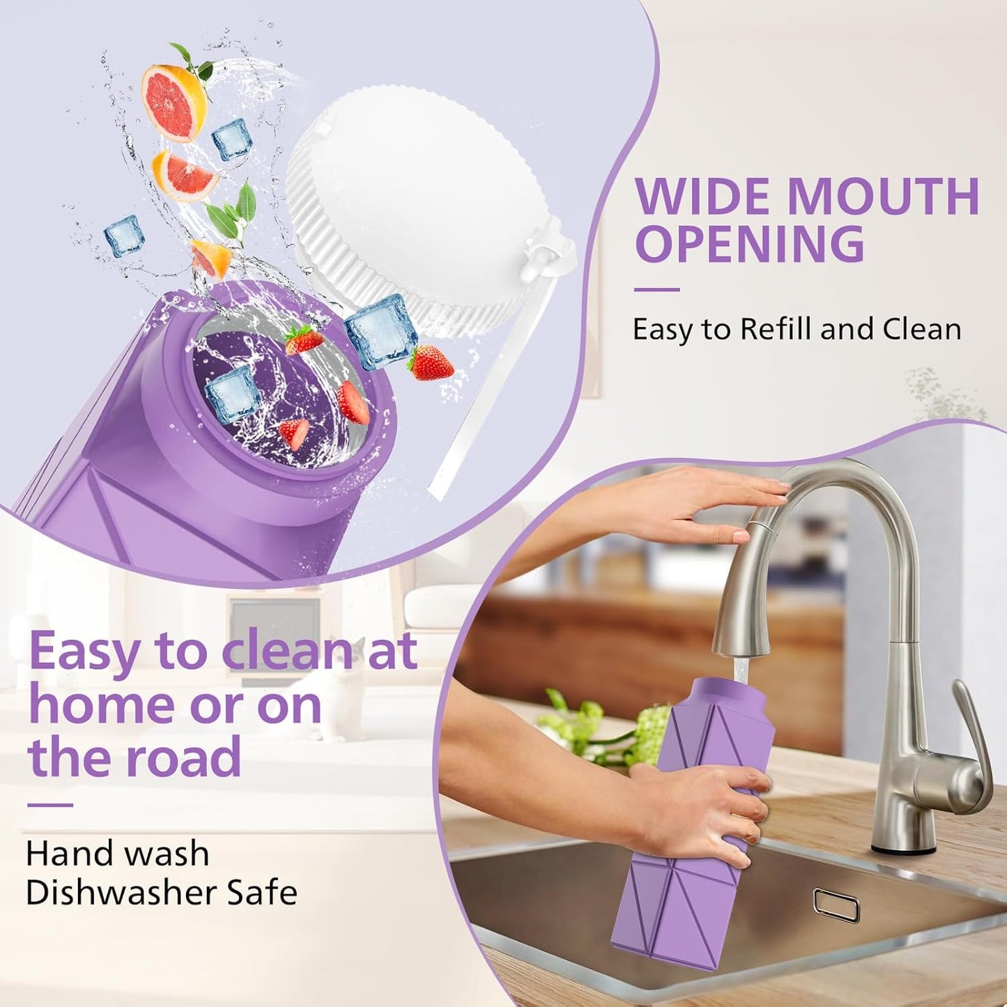 610ml Collapsible Water Bottles Upgrade Foldable Water Bottle BPA Free Reusable Lightweight LeakProof Silicone Water Bottles 20.6oz for Travel Gym Hiking Office Camping Sport Light Purple