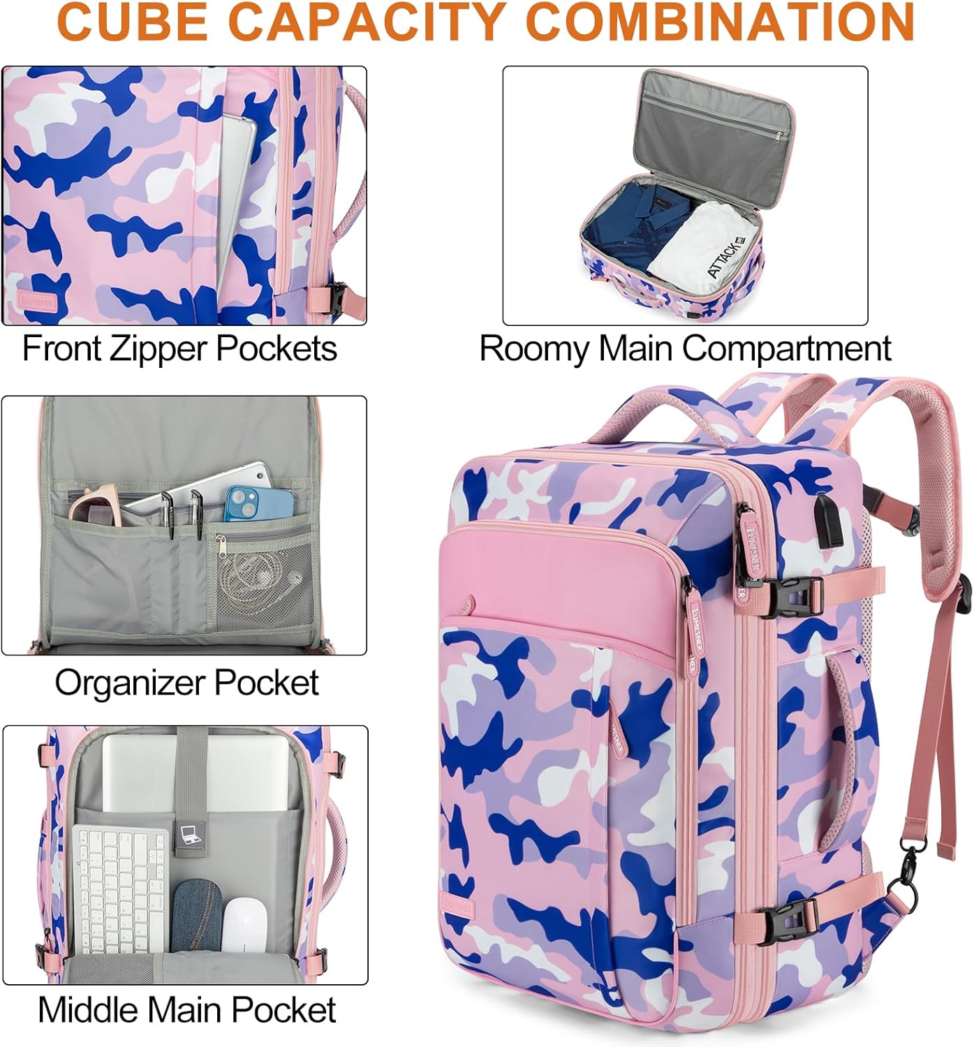 Travel Backpack 42L Carry on Backpack Flight Approved Expandable Travel Backpack Carry on Backpack Luggage Daypack (Pink Camouflage)