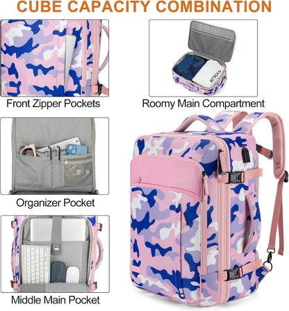 Travel Backpack 42L Carry on Backpack Flight Approved Expandable Travel Backpack Carry on Backpack Luggage Daypack (Pink Camouflage)