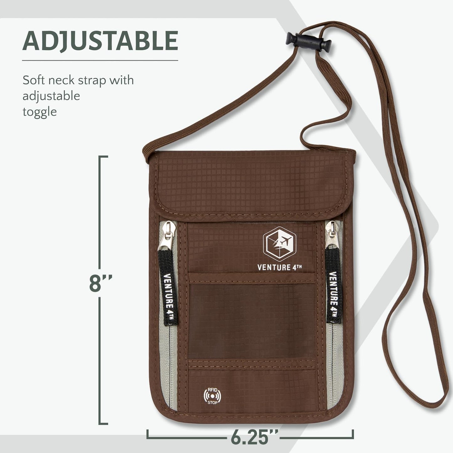 VENTURE 4TH Passport Holder Neck Wallet with RFID Blocking Nylon Lining - Hidden Neck Pouch for Travel (Brown)