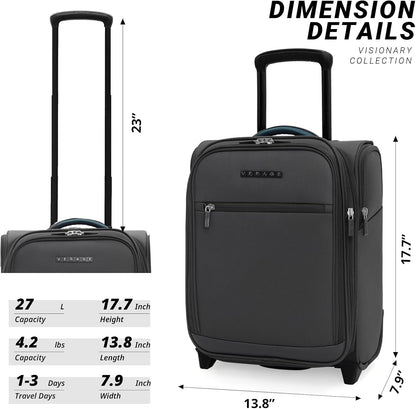Verage Under Seat Luggage with Wheels, Softside Expanable Small Suitcase Carry On Luggage Bags for Airlines Airplanes Short Trip Men Women (Grey, 16-Inch Rolling Underseat)