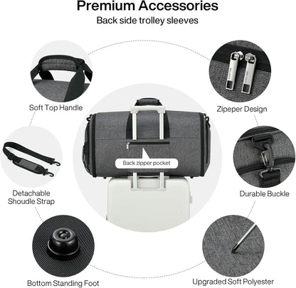 MILADA Convertible 2-in-1 Garment Duffel Weekender Bag Carry On Garment Bags for Travel Hanging Clothes Suit Bag Foldable Personal Item Business Overnight Bag with Shoe Compartment, Dark Grey