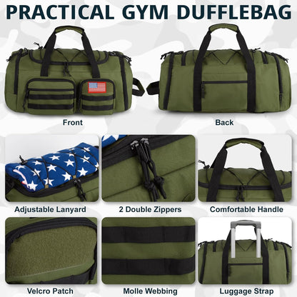 Tactical Gym Bag for Men，50L Large 3 in 1 Sports Duffle Bag with Shoes Compartment for Travel,Water Resistant Travel Backpack Weekender Overnight Bag with Wet Pocket for Women