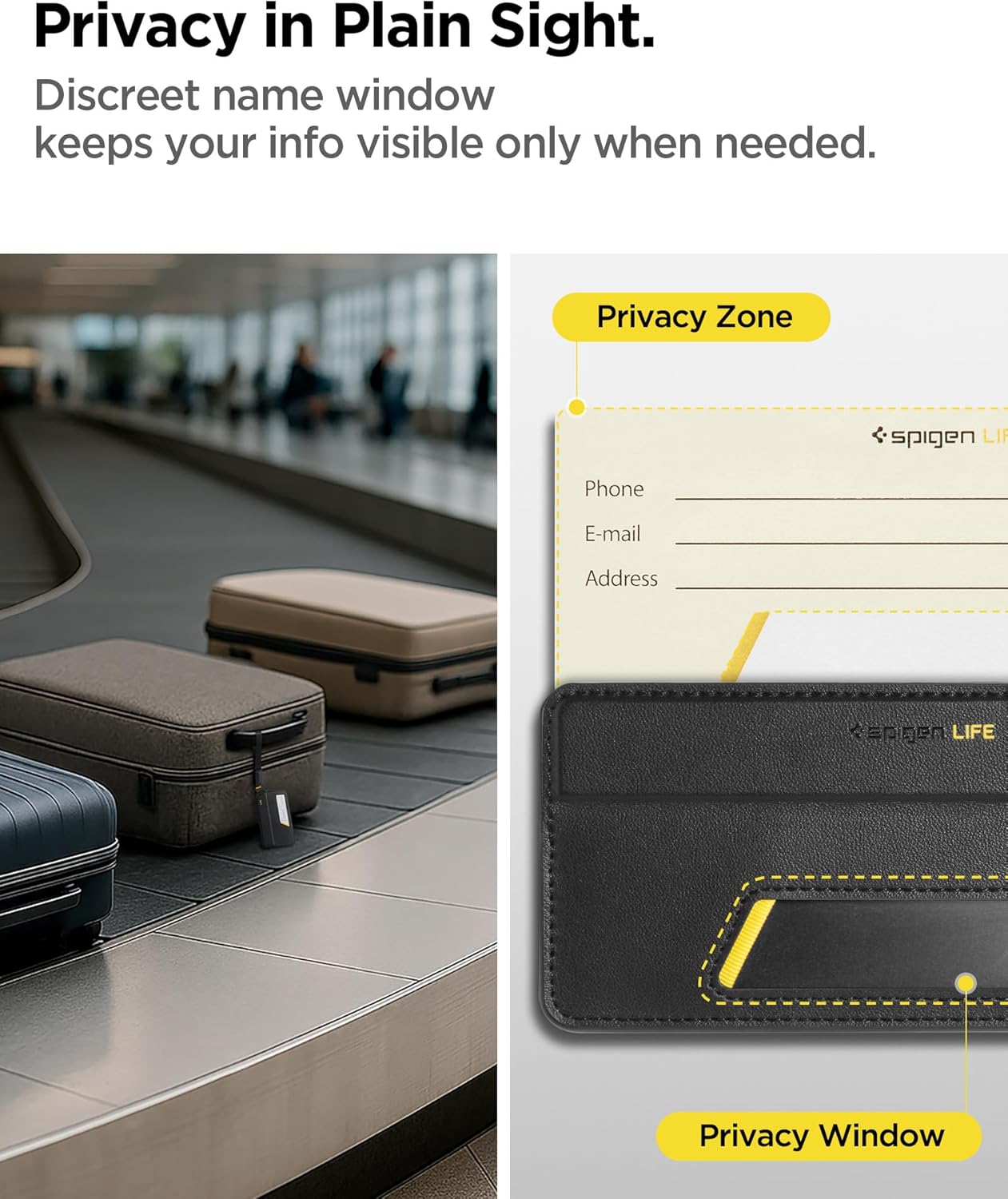 Spigen Life Luggage Tags Premium Velo Vegan Leather ID Label for Suitecase Travel Bag Accessories with Magnetic Closure Privacy Protection Design Durable Strap - Black (2 Pack)