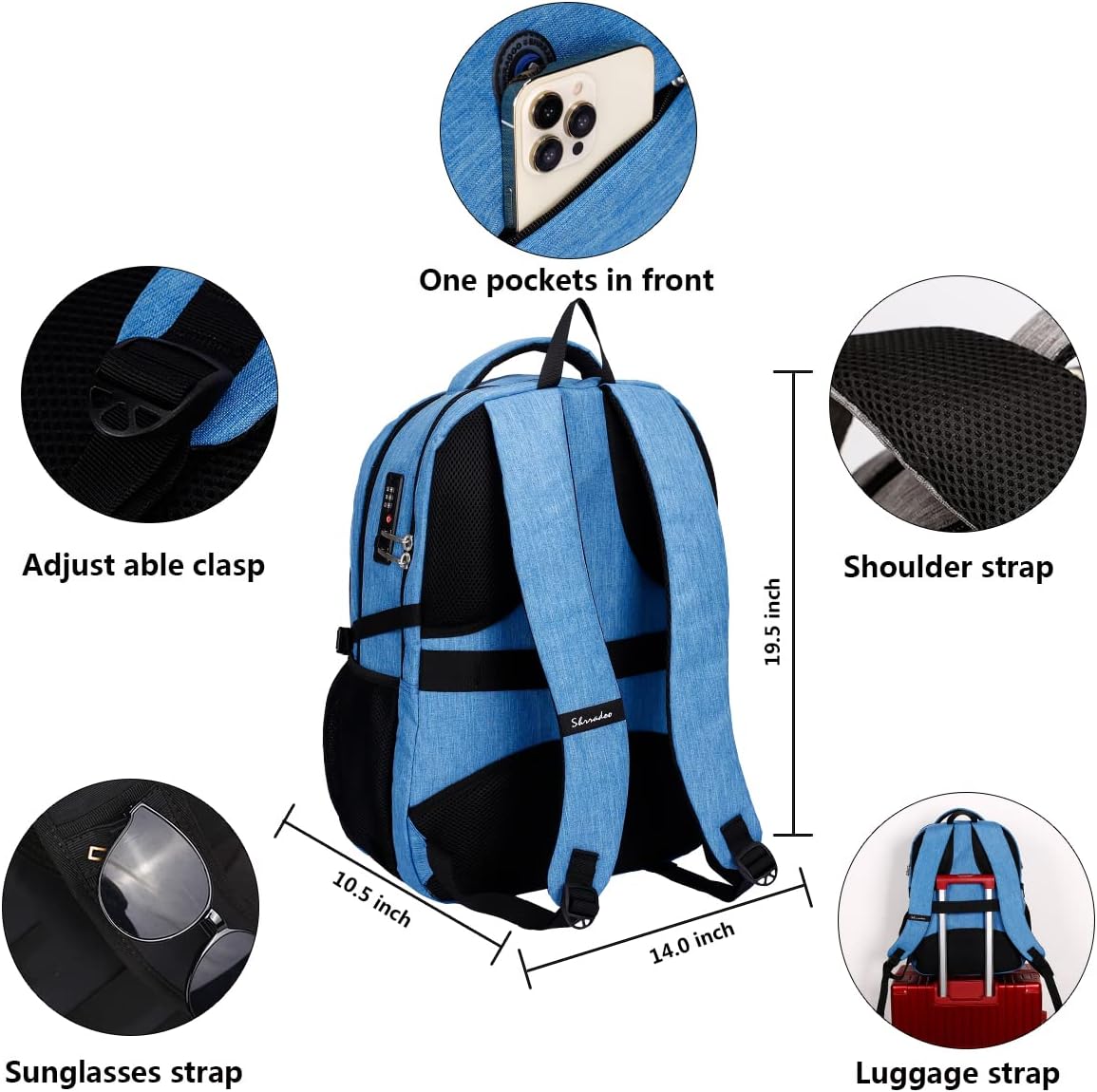 SHRRADOO Anti Theft Laptop Backpack Travel Backpacks with usb Charging Port for Women Men High School College Backpack Computer Bag Fits 17 Inch Laptop,Sky Blue