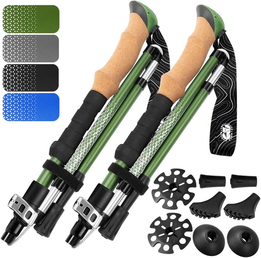 Premium Foldable Hiking Poles by USA Brand - Adjustable, Lightweight Trekking Poles Made of Aircraft Aluminum, Metal Flip Locks & Comfortable Real Cork and EVA Foam Grips