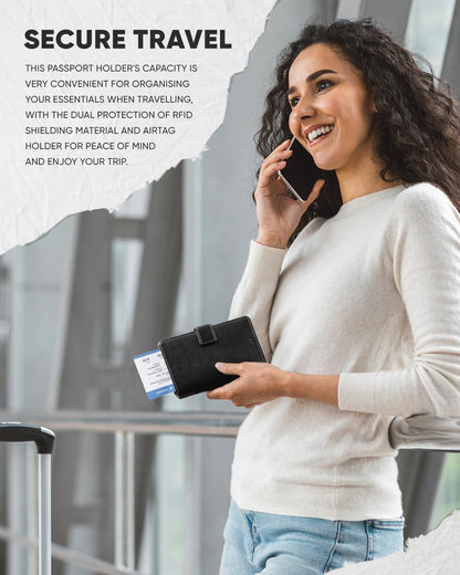 VULKIT Passport Holder with Airtag Holder RFID Blocking Passport Wallet Travel Leather Passport for Women(Black Brown)