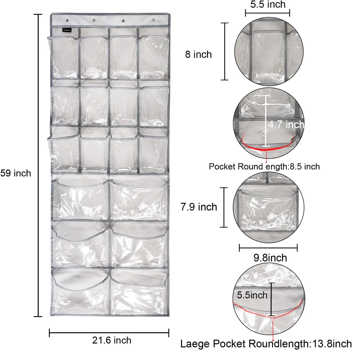 Extra Large Hanging Crystal Clear Over Door Shoe Organizer, Closet Shoe Rack with 12+6 Pockets, 8 Hooks, Grey (59"x 21.6")