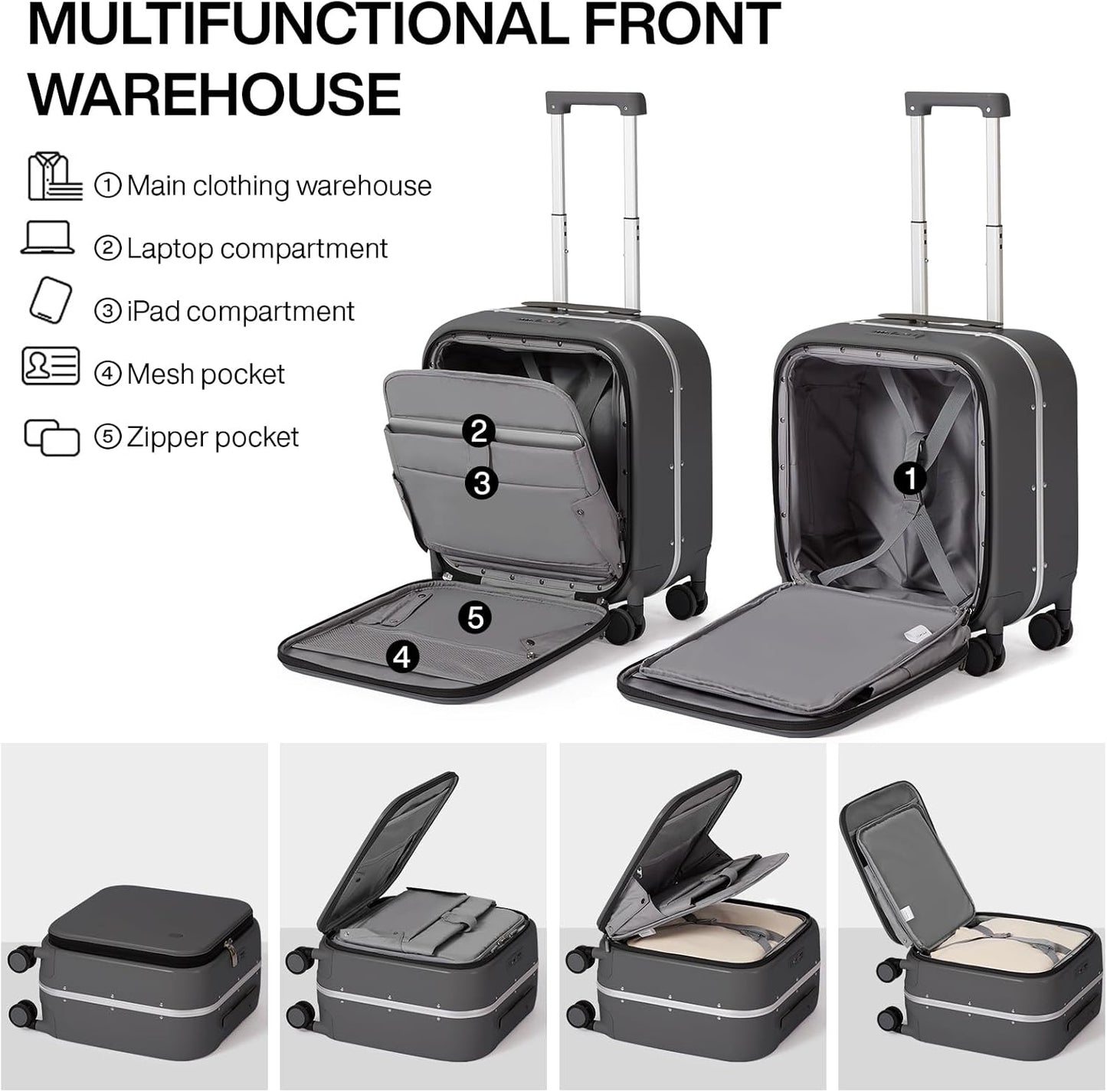 mixi Carry On Luggage, 18” Suitcase with Front Laptop Pocket, Travel Luggage Aluminum Frame PC Hardside with Spinner Wheels & TSA Lock and Cover (Not for Underseat), Rock Gray