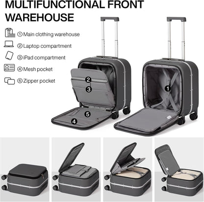 mixi Carry On Luggage, 18” Suitcase with Front Laptop Pocket, Travel Luggage Aluminum Frame PC Hardside with Spinner Wheels & TSA Lock and Cover (Not for Underseat), Rock Gray