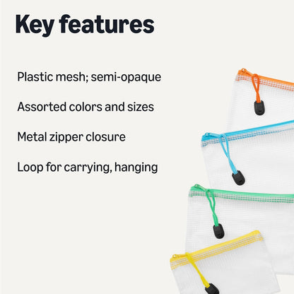 Amazon Basics 30-Pack Mesh Zipper Pouch Bags, 8 Sizes Waterproof Storage Organizers with Zipper, Multipurpose Clear Travel Document Bags for Office Home School Organization (8 Assorted Colors)