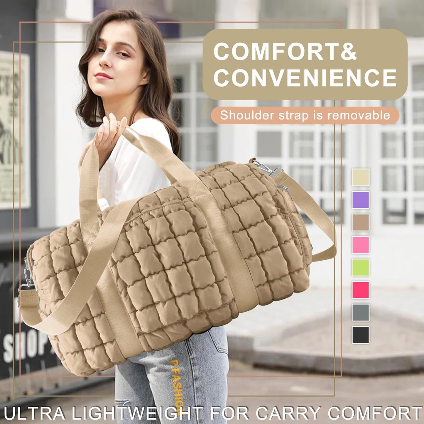 Quilted Travel Duffle Bag Gym Bag for Women,Large Puffer Duffle Weekender Bag with Compartment,Workout Overnight Carry on Organizer Bag Duffle Bag for Airplane Travel(Khaki)