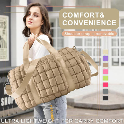 Quilted Travel Duffle Bag Gym Bag for Women,Large Puffer Duffle Weekender Bag with Compartment,Workout Overnight Carry on Organizer Bag Duffle Bag for Airplane Travel(Khaki)