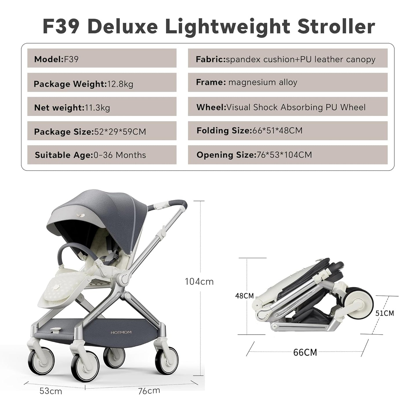 Hot Mom Baby Lightweight Stroller, Intelligent Seat Reversing，Double Brake and PU Anti-Shock Tire Combine Baby Pushchair, Newborn to Toddler's Baby Stroller, Grey