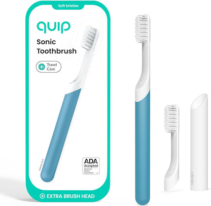 Quip Plastic Sonic Toothbrush, Electric Toothbrush for Adults –Time Travel & Soft Bristles with Travel Case & Replaceable Brush Head -3-Month Battery Life - Marine Blue