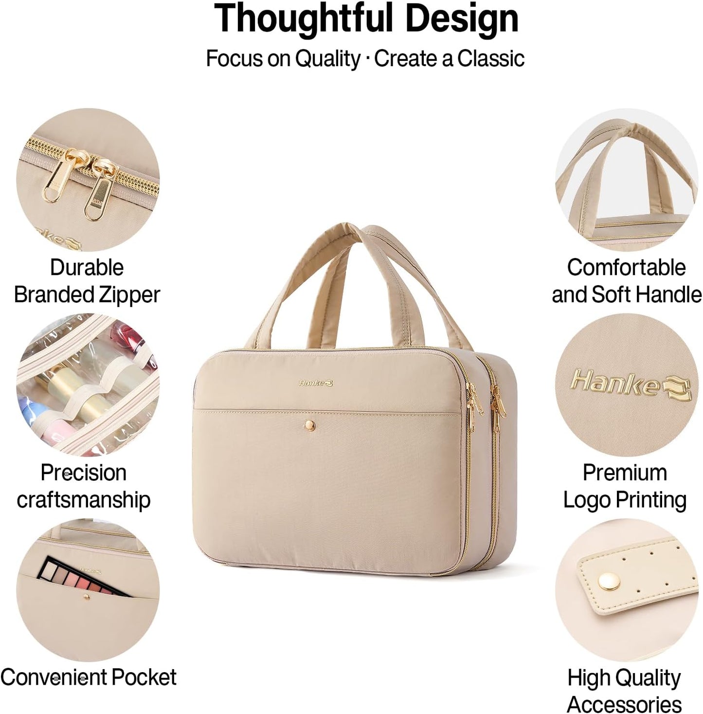 Hanke Hanging Travel Toiletry Bag for Women with Jewelry Organizer Compartment, Travel Essentials Toiletries and Makeup Bag, Water-Resistant & Stain-Resistant with Trolley Strap (Apricot)