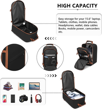 Kono Carry on Backpack, 16" Airplane Approved Under Seat Travel Backpack for Men and Women, Waterproof Lightweight Daypack for Flight 20L, Black/Brown