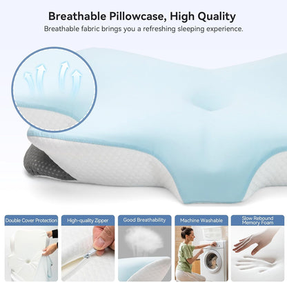 Ergonomic Cervical Pillow for Neck Support, Memory Foam Orthopedic Contour Side Sleeper Pillows with Dual Heights, Soft Bed Pillow with Breathable Pillowcase for Back, Stomach Sleepers(Blue)