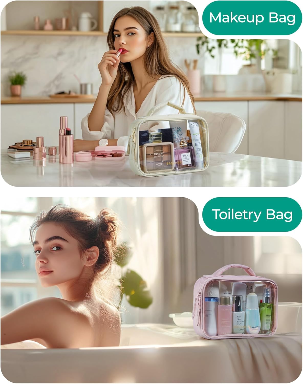 BAGSMART Clear TSA-Approved Toiletry Bag, 2 Pack Clear Makeup Bag with Handle, Quart Sized Travel Toiletry Organizer for Women