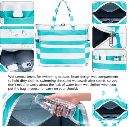 Beach Pool Bags Tote for Women Ladies Large Gym Tote Carry On Bag With Wet Compartment for Weekender Travel Waterproof
