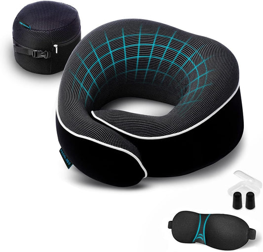 Orthopedic Neck Pillow, Travel Neck Pillows for Airplanes, Memory Foam Kit, 360° Head Support, Airplane Pillow Set with 3D Contoured Eye Masks, Earplugs, and Luxury Mesh Bag (Black)