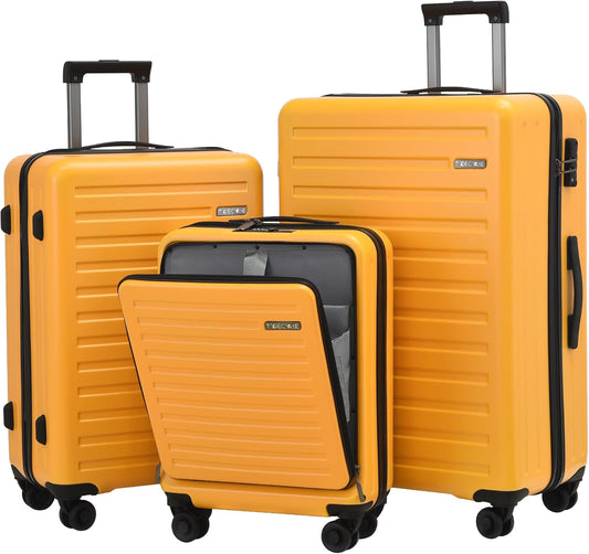 3Pcs (20/24/28) Luggage Set, HardShell Lightweight, Only 20" with Front Pocket, 21.65*15.35*7.87" Fits Overhead Cabin, 24" (26*17.7*10.2") and 28" (19.68*11.81*29.92") Checked Luggage, Orange