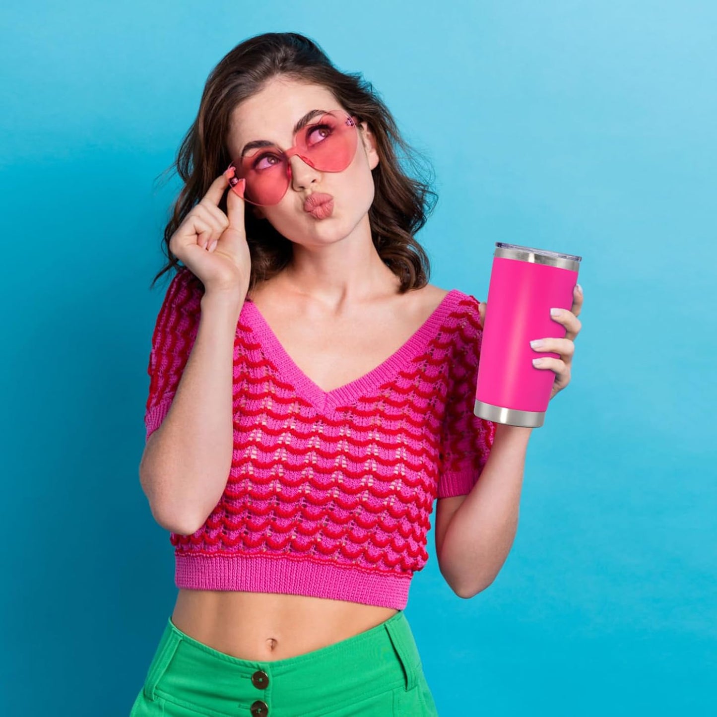 20 oz Tumbler with lid Double Wall Vacuum Insulated Tumblers Stainless Steel Coffee Mug Travel Coffee Tumbler Powder Coated Tumbler Cup Keep Hot&Cold - (Hot Pink 1 Pack)