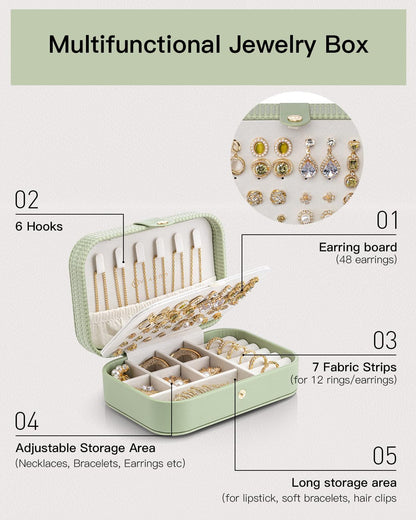Vlando Travel Jewelry Case, PU Leather Travel Jewelry Box with Earring Holder, Portable Display Small Jewelry Box for Mothers Day Women Girls Gift - Green
