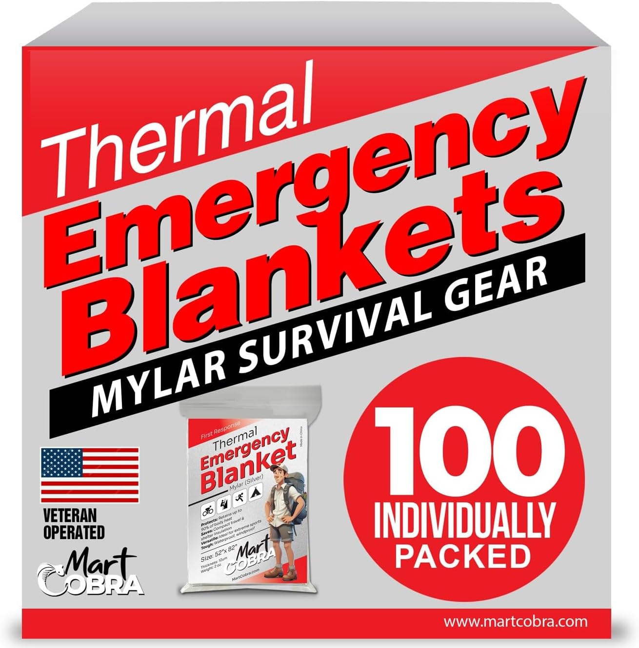 Mart Cobra Emergency Blanket 100-Pack | Reflective Thermal Blanket | Survival Gear | Lightweight Mylar Blankets | Retains 90% Body Heat | Essential for Camping, First Aid, Homeless Care Package Bulk
