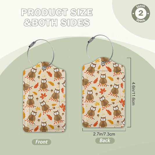 2 Pack Luggage Tags for Suitcase,Autumnal Leaves and Owl Bird Leather Luggage Tag Bag Tags Identifiers Privacy Cover Id Label with Steel Loop for Women Men Girls Boys Travel
