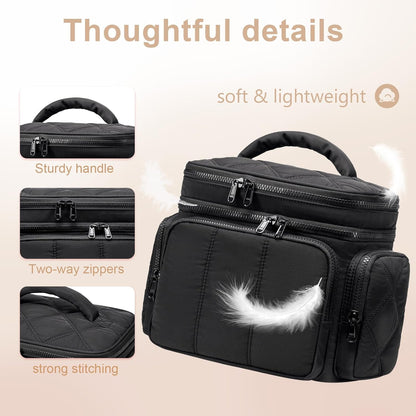 LEDAOU Toiletry Bag for Women,Quilted Travel Makeup Bag Organizer with Double Deck, Large Wide-open Cosmetic Make up Bag for Travel Essentials (Black Puffy)