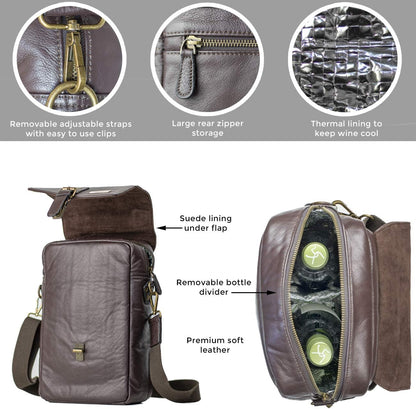 Insulated Leather Wine Bag & 2 Wine Tumblers Set. Leather Wine Bottle Carrier Tote. Wine Gifts For Men. Picnic Bag, Beach Wine Cooler Bag. Airplane Travel Byo Wine Carrier Case Couples Gift