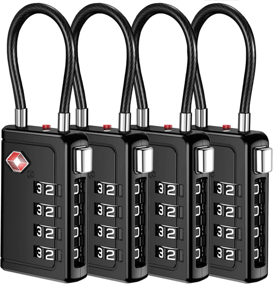 Puroma TSA Approved Luggage Travel Locks with Open Alert Indicator, 4 Digit Combination Resettable Code Zinc Alloy Lock for Suitcase, Backpack, Bag, Toolbox, Locker (4 Pack, Black)