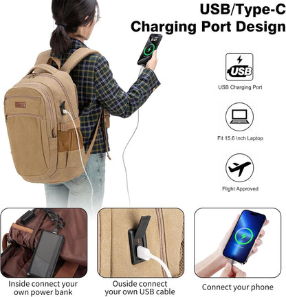 Tzowla Vintage Canvas Laptop Backpack for Men and Women,College Travel Work Rucksack with USB/Type-C Charging Port,Lightweight Bookbag Hiking Casual Daypack Backpacks Fit 15.6 Inch Notebook(Khaki)