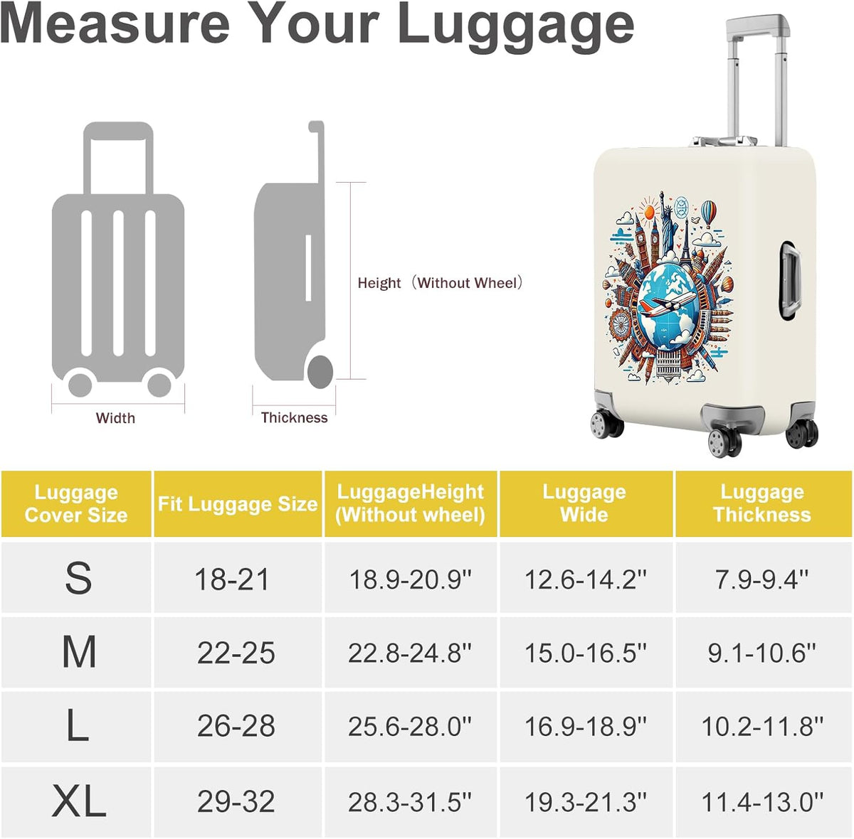 ANNA QUEEN Travel Around the World Luggage Cover, Colorful Landmark Suitcase Protector with Airplane & Globe Design, Stretchable, Washable Travel Sleeve for 28-30 Inch Luggage
