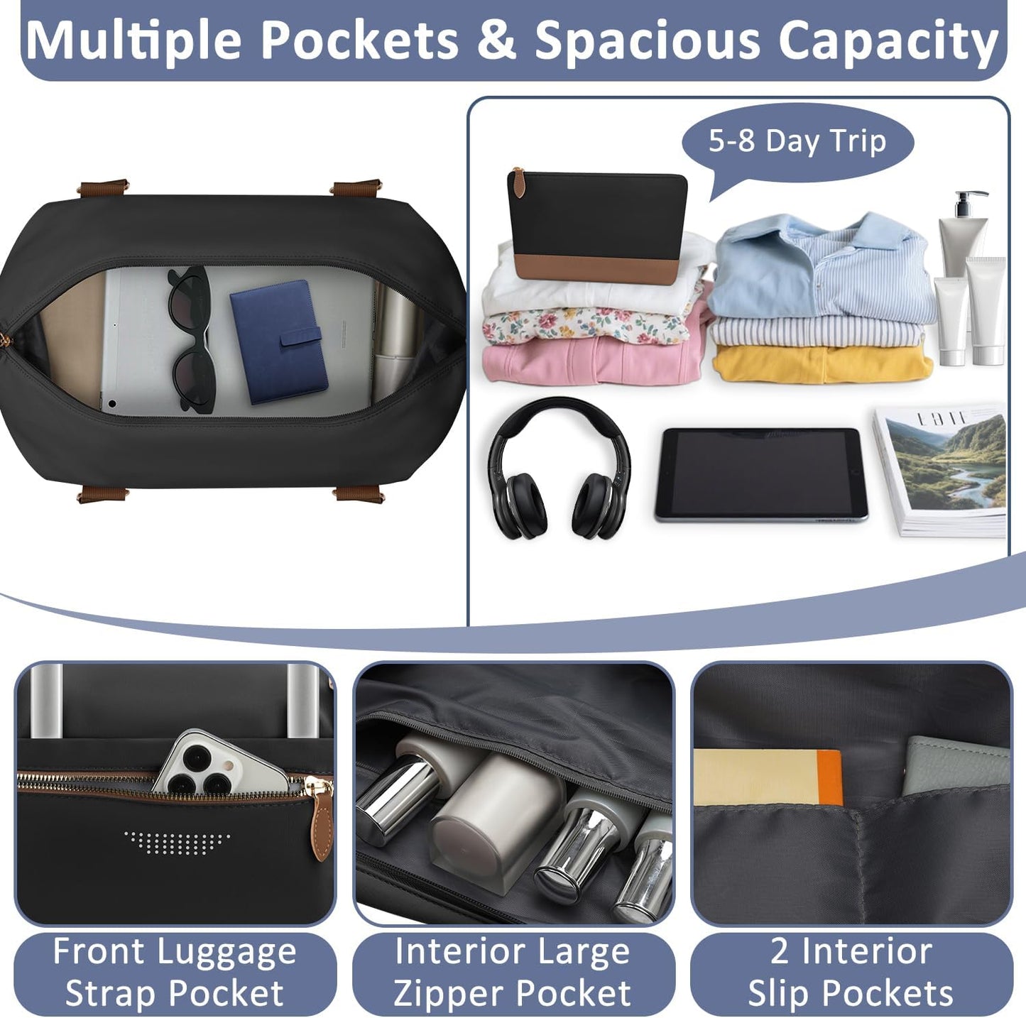 Travel Duffle Bag for Women, Weekender Bags, Hospital Bag for Labor Delivery, Lightweight Tote Duffel Overnight Bag with Luggage Sleeve, Airplane Travel Bags with Toiletry Bag,X-Large,Black