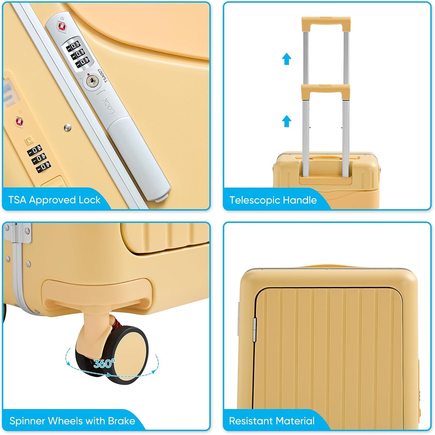 20 Inch Ride on Luggage With Seat For Kids&Adults,with Front Pocket, Foldable Seat Back TSA Approved Lock, 360° Spinner Wheels(20 inch,Yellow)