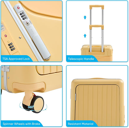 20 Inch Ride on Luggage With Seat For Kids&Adults,with Front Pocket, Foldable Seat Back TSA Approved Lock, 360° Spinner Wheels(20 inch,Yellow)