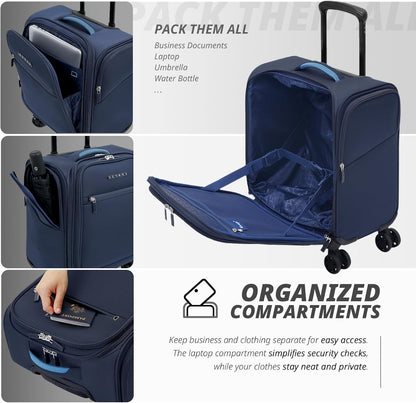 Verage Under Seat Luggage with Wheels, Softside Small Suitcase Spinner Carry On Luggage Bags for Airlines Airplanes Short Trip Men Women (Navy, 14.5-Inch Plus Underseat)