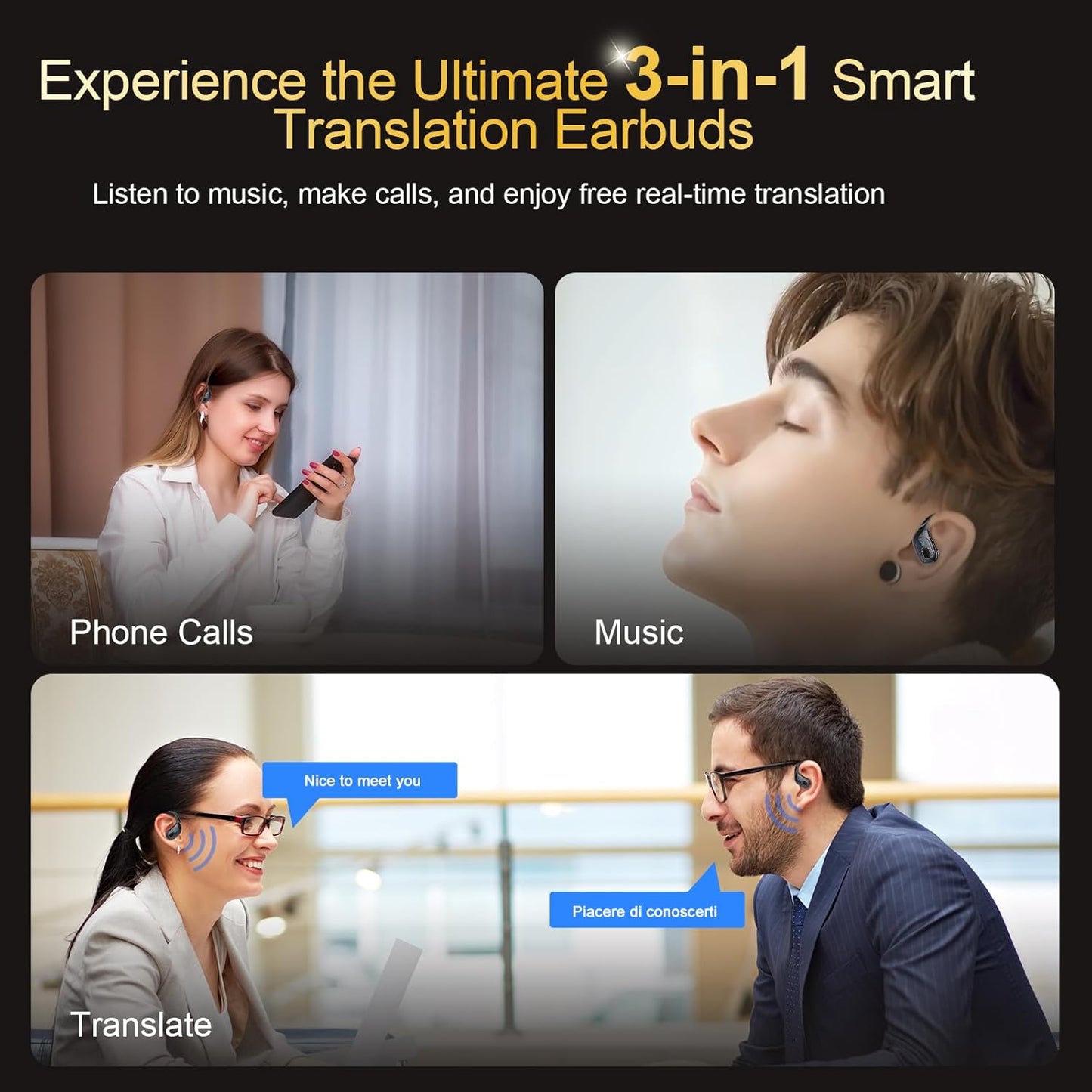 AI Translation Earbuds Real Time, 164 Language Translator Earbud 3-in-1 Bluetooth 5.4 Translator Earbuds with 6 Translation Modes, 75H Translators Headphones with APP for Travel Business, Black