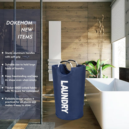 DOKEHOM 90L Large Laundry Basket, Collapsible Laundry Bag, Freestanding Tall Clothes Hamper, Foldable Washing Bin (Dark Blue)