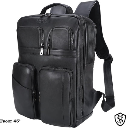 STAR VISTA Angelo 17.3" Premium Calfskin Leather Laptop Backpack for Men, Multi Pockets, Business Travel Bag, Casual Outdoor Rucksack, YKK Zippers, Black