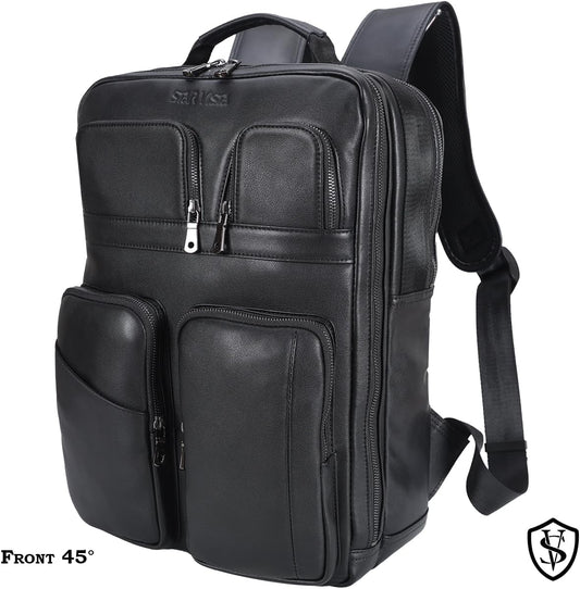 STAR VISTA Angelo 17.3" Premium Calfskin Leather Laptop Backpack for Men, Multi Pockets, Business Travel Bag, Casual Outdoor Rucksack, YKK Zippers, Black