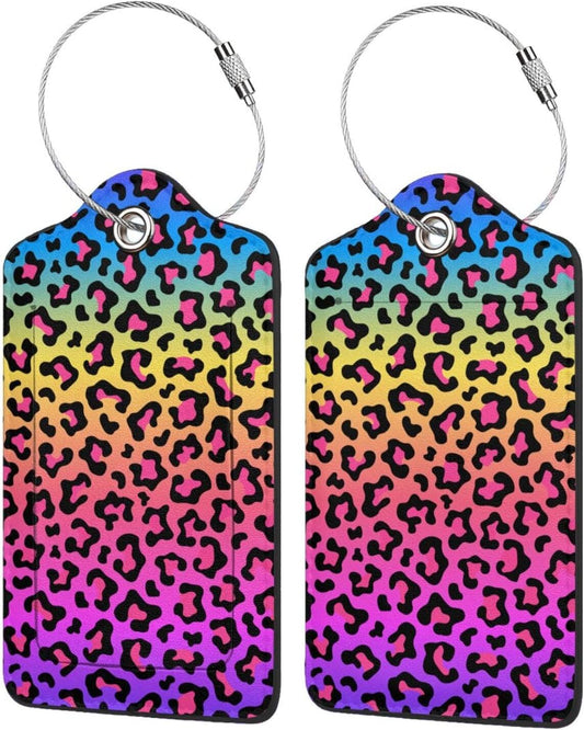 Rainbow Leopard Print 2 Pack Luggage Tags for suitcases Cute Color Leopard Luggage Tag, Leather Stainless Steel Loop Label Tag for Men Women Travel Bag Suitcase（Leopard）