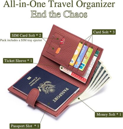Slim RFID Passport Wallet for Women – Leather Travel Passport Holder for Men with Passport Slot & Card Slots, Zippered Coin Pocket & Cash Holder Travel Organizer Brick Red