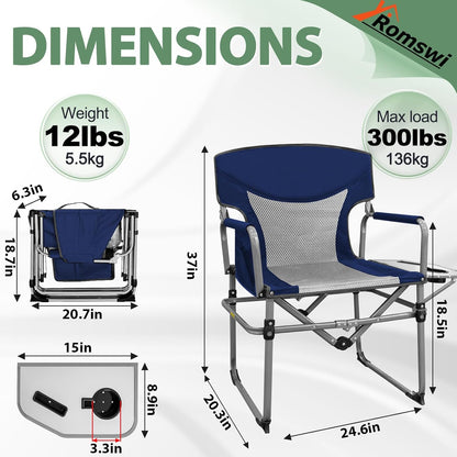 Romswi 2PK Folding Director Chairs, Camping Chair for Outdoor, Compact Directors Chair with Side Table Side Bag, Heavy Duty Oversize Seat for Beach Fishing Picnic Chairs, Holds up to 300 lbs Blue