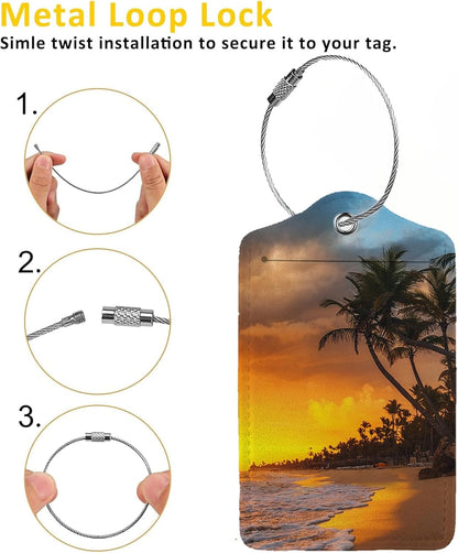 Sunset Beach Luggage Tags for Suitcases,2 Pack Luggage Tag, Leather Stainless Steel Loop Label Tag for Women Girl Travel Bag Suitcase
