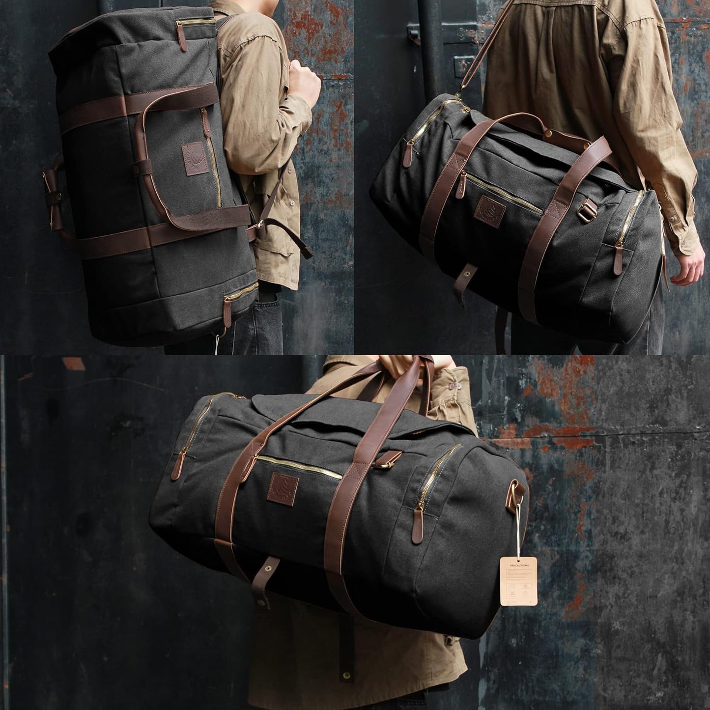 60L Travel Bags for Men, Nomad Canvas Duffle Bag Vintage Genuine Leather Travel Duffel Bag Multifunctional Weekender Overnight Backpack with Shoes Compartment (Black, X Large-60L)